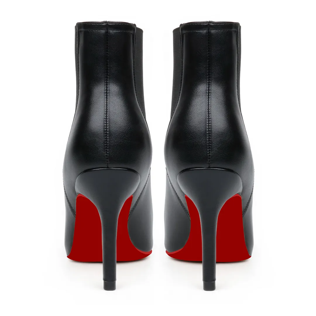 90mm Women's Ankle Boots U-Shaped Elastic Red Bottoms Mid Heel Pointed Toe Stilettos-vocosishoes