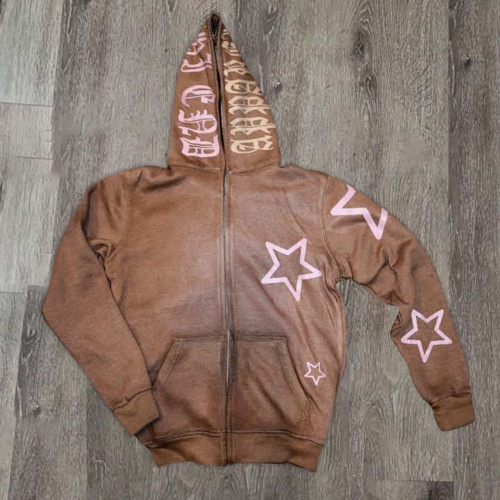 Retro fashion print loose full zip hoodie