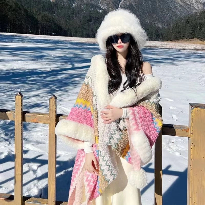 Yunnan Lijiang Travel Outside Knitted Shawl Ethnic Style Vintage Cape Cloak Tassel Scarf For Vacation Wear