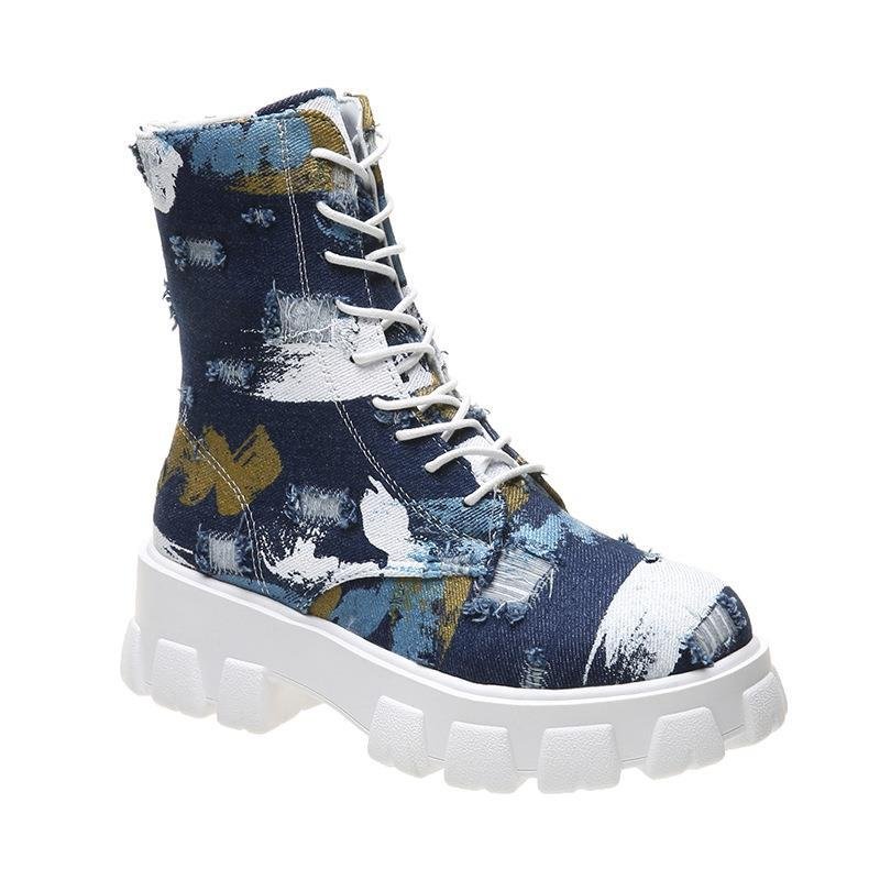 Doc Martens Women's Platform Washed Camo Mid-tube Lace-up Ankle Boots-PABIUYOU- Women's Fashion Leader
