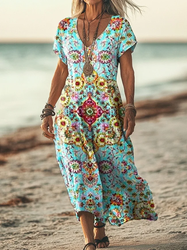 Women's Vintage Ethnic Floral Art Print Short Sleeve Pocket Cotton Linen Dress