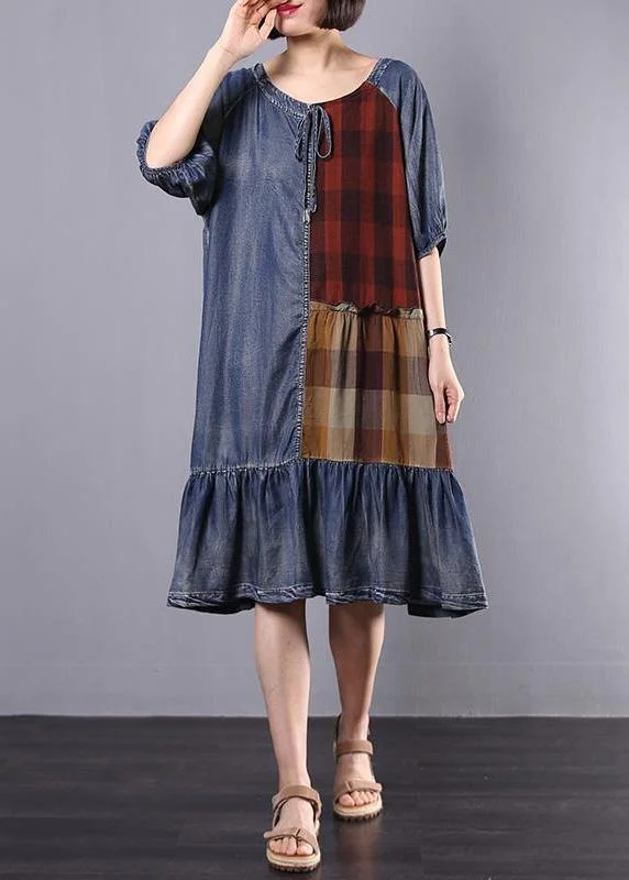 Women Cotton Tunics Indian Vintage Plaid Spliced Denim A-Line Dress