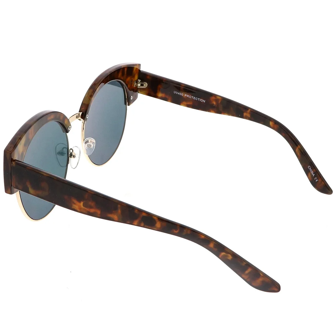 Women's Half Frame Oversize Cat Eye glasses Round Mirrored Flat Lens 59mm