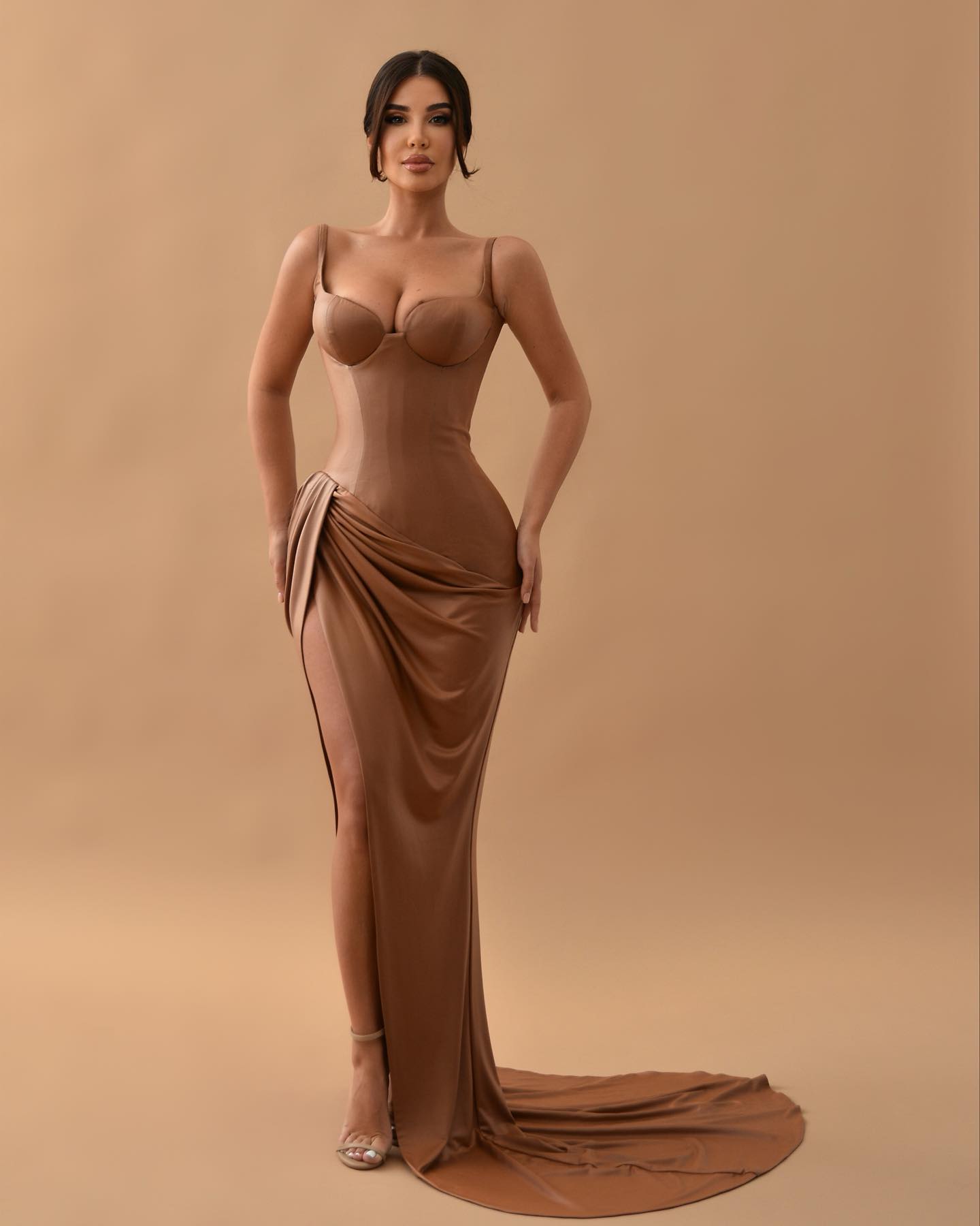 Hidais Chocolate Spaghetti Straps Sleeveless Split Party Prom Dress 