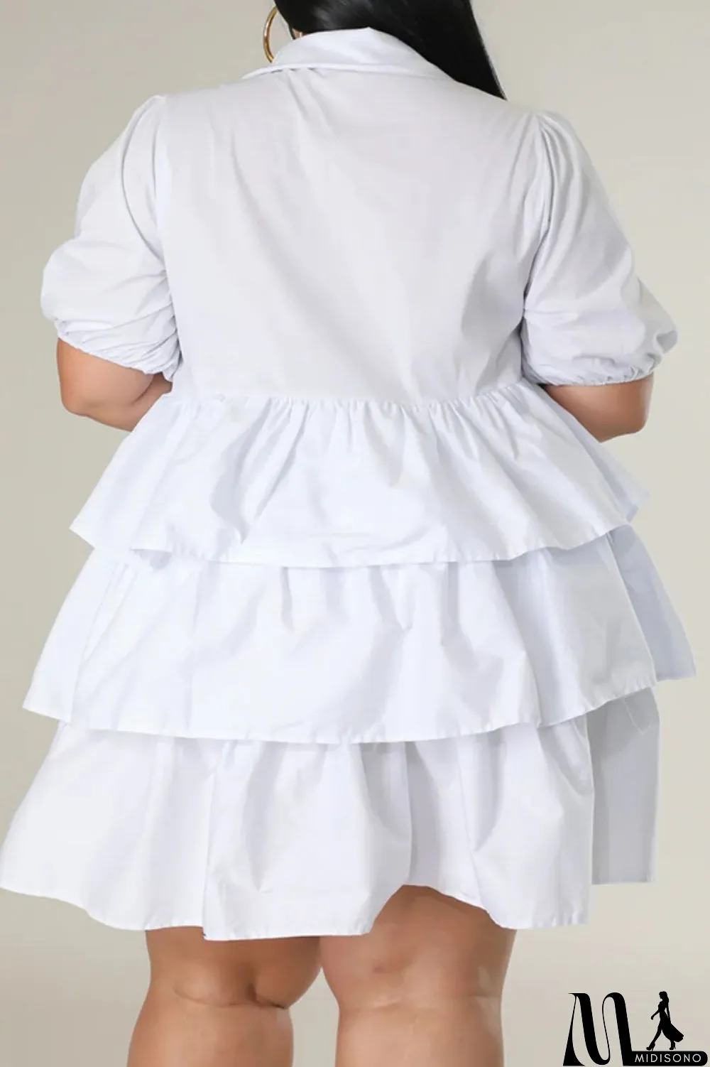 MidiSono - Light Blue Casual Solid Patchwork Turndown Collar Cake Skirt Plus Size Dresses