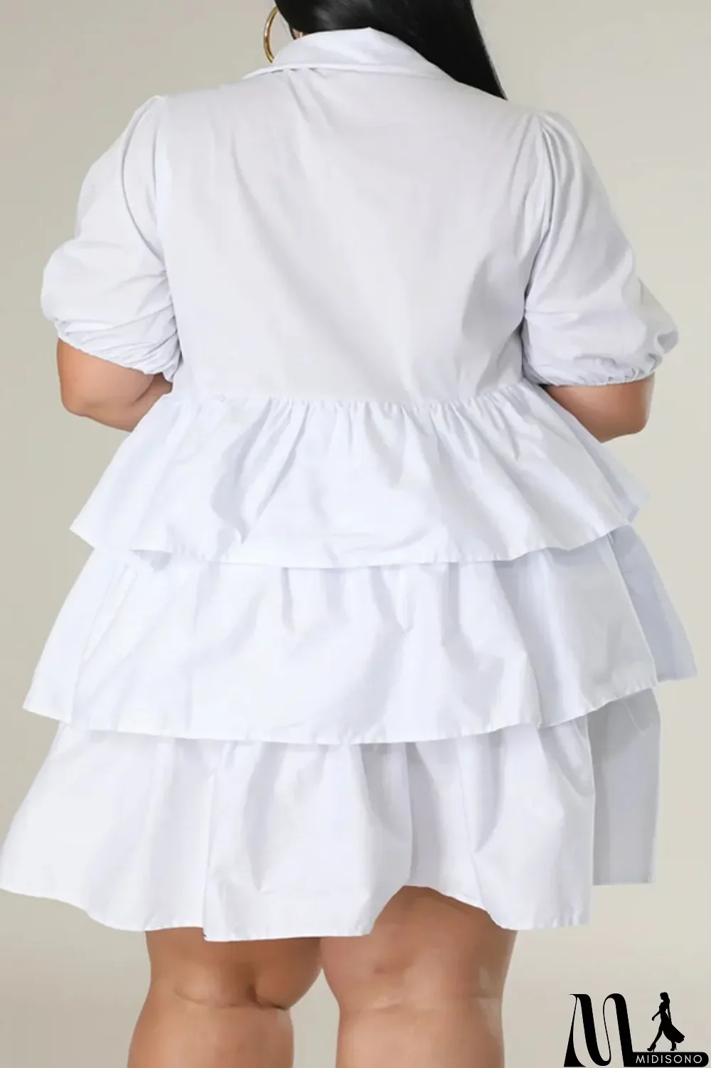 MidiSono - Light Blue Casual Solid Patchwork Turndown Collar Cake Skirt Plus Size Dresses