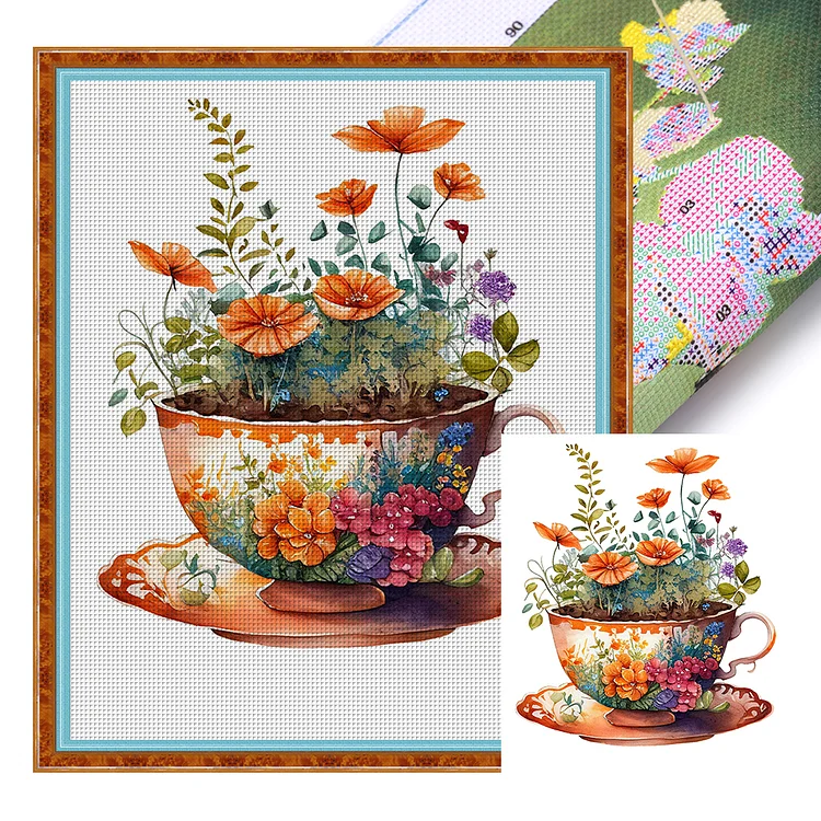 【Huacan Brand】Teacup Flowers 14CT Stamped Cross Stitch 40*50CM(28 Colors)