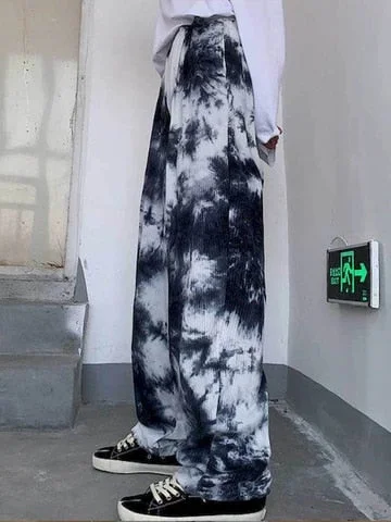 Pornhint women pants Harajuku tie-dye loose straight wild pants female student   thin retro high street was thin wide-leg pants tide