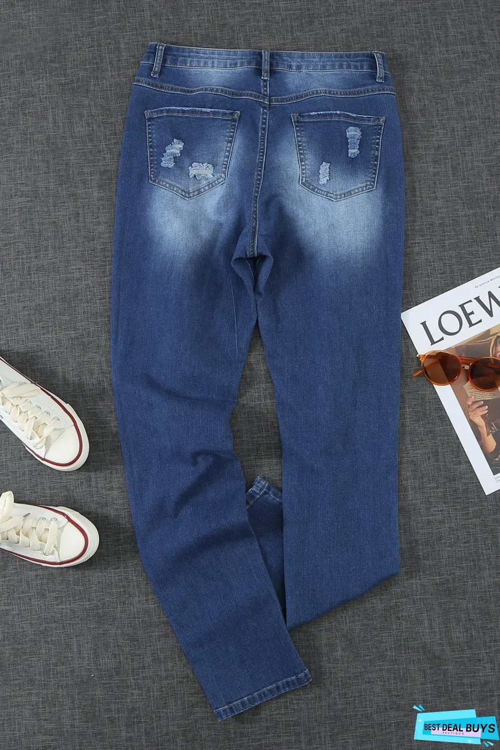 Fashion Blue Ripped Plaid Straight Legs Boyfriend Jeans