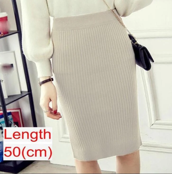 Women Knitted Pencil Skirts Slim Solid Basic Ladies Office High Waist Elegant Midi Skirt 2020 Autumn Winter Warm Womens Skirts