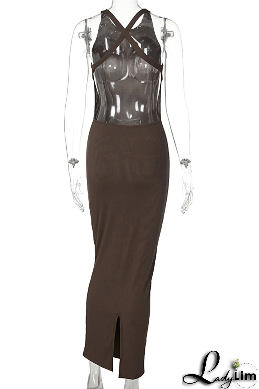 Coffee Fashion Sexy Solid Backless O Neck Sleeveless Dress Dresses