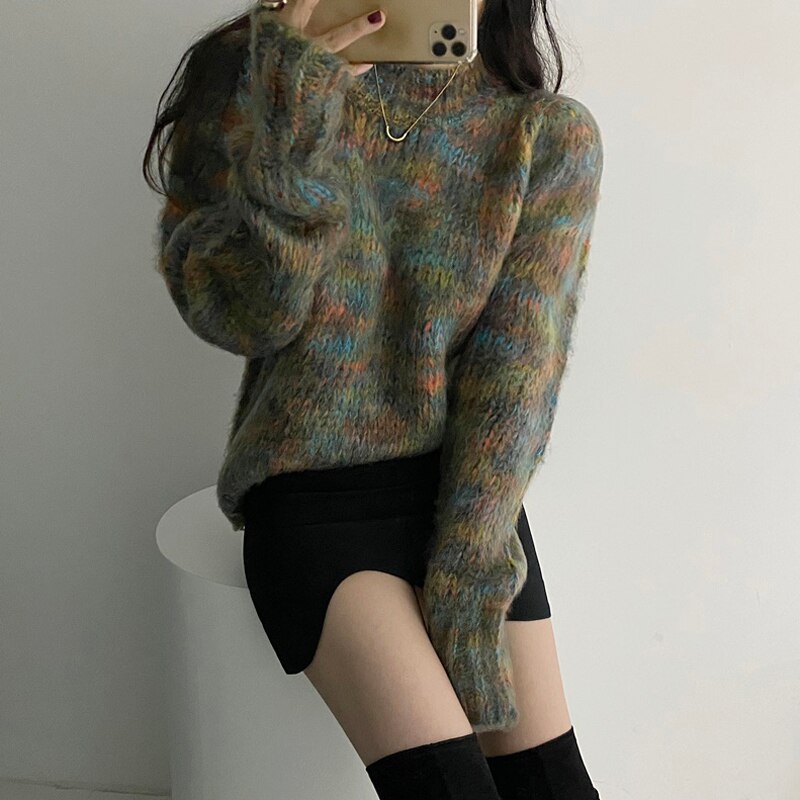 New Retro Women Printing Sweater Pullovers Thick Knitted Casual