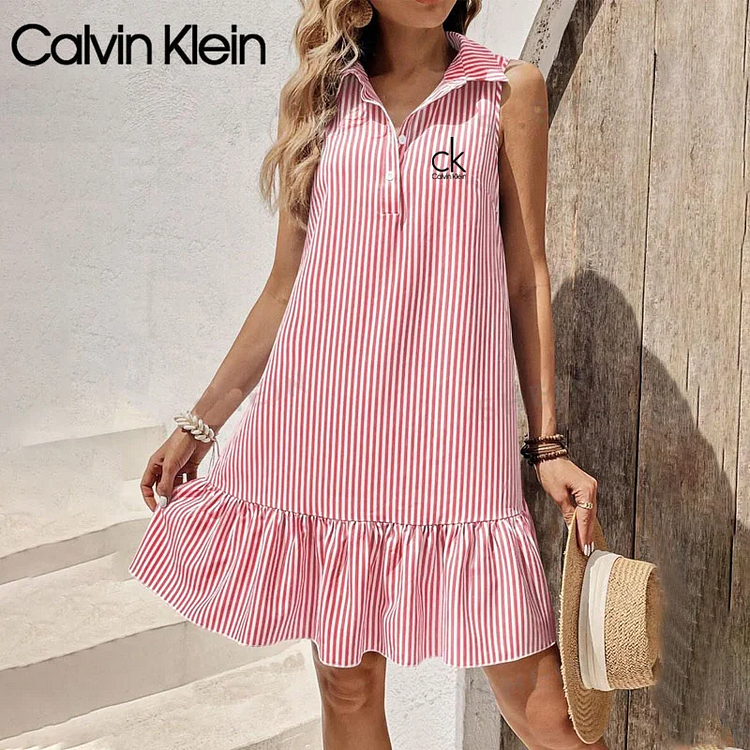 CALVIN KLEIN ROVNÉ PRUHOVANÉ ŠATY SO STOJAKOM
