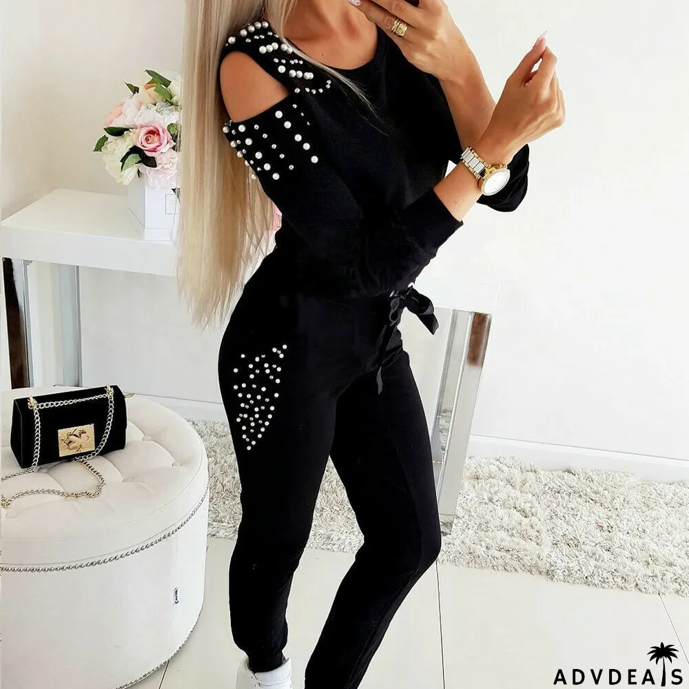 Autumn Casual Suit Sexy Beaded Solid Color Round Neck Long Sleeve Suit For Women
