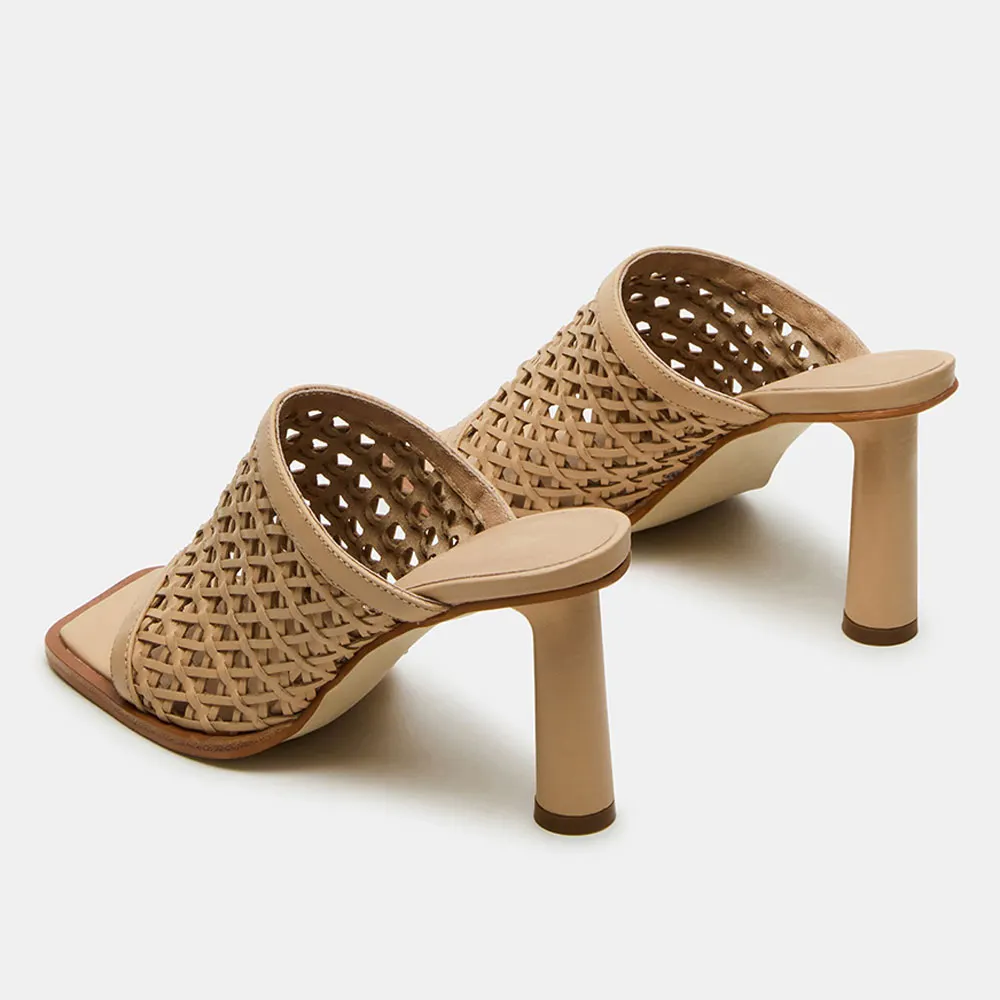Nude Vegan Leather Woven Cylinder Heel Open Toe Slide Sandals