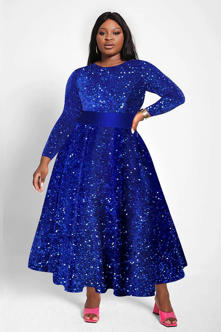 Plus Size Royal Blue Semi Formal Round Neck Long Sleeve Sequin Midi Dresses