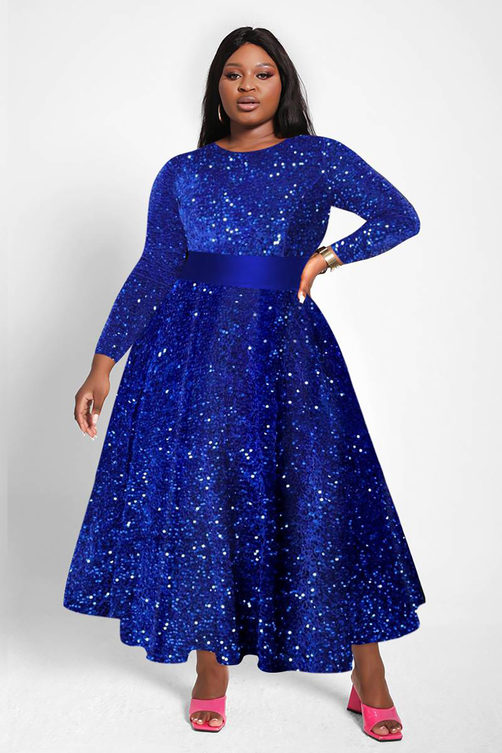 Design Plus Size Royal Blue Semi Formal Round Neck Long Sleeve Sequin Midi Dresses