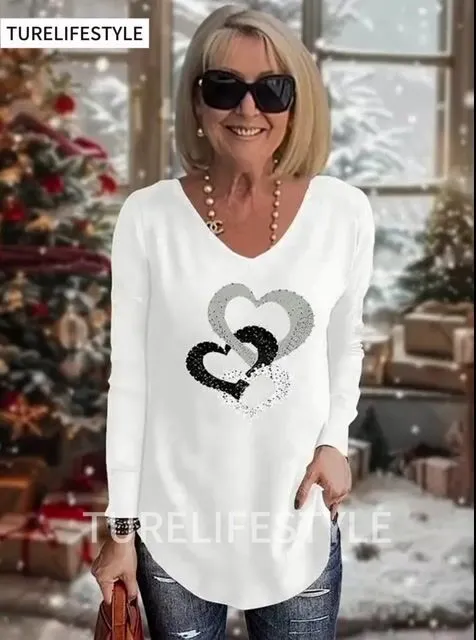 Three Love Pattern Printed V-neck T-shirt