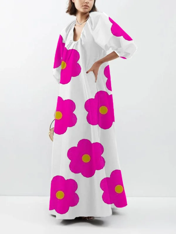 Floral Printing V-Neck Solid Color Puffy Sleeves Maxi Dress