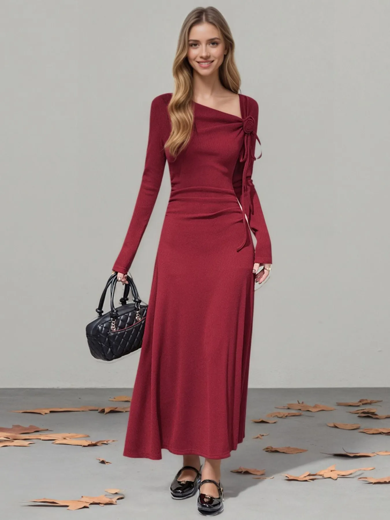 Flower Asymmetrical Neckline Long Sleeve Dress mysite idetrend