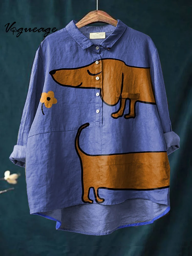 Simple Cartoon Puppy Flower Printed Cotton And Linen Shirt