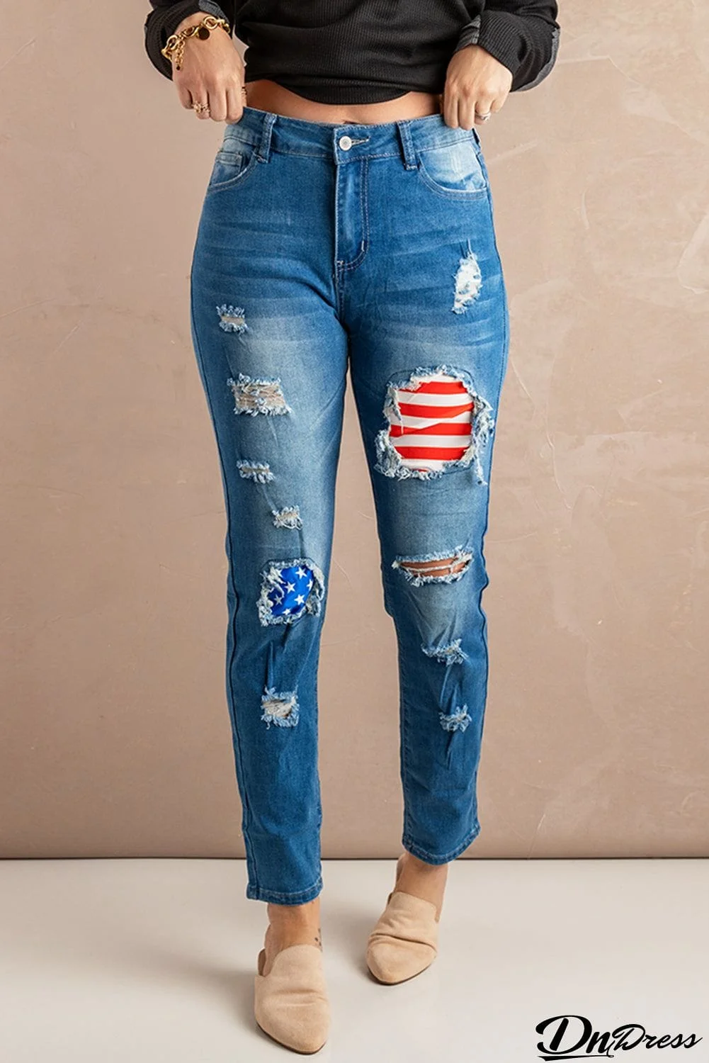 Stripes and Stars Patches Ripped Jeans