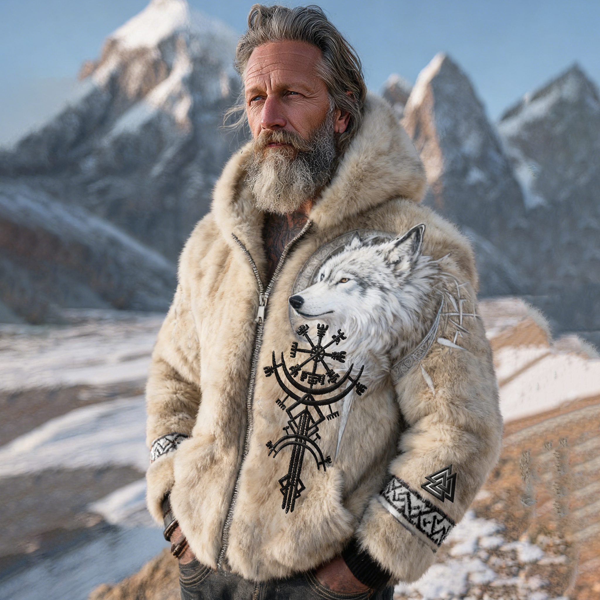 Men's Viking Wolf Runes Vegvisir Full Zip Plush Hoodie elevenforest