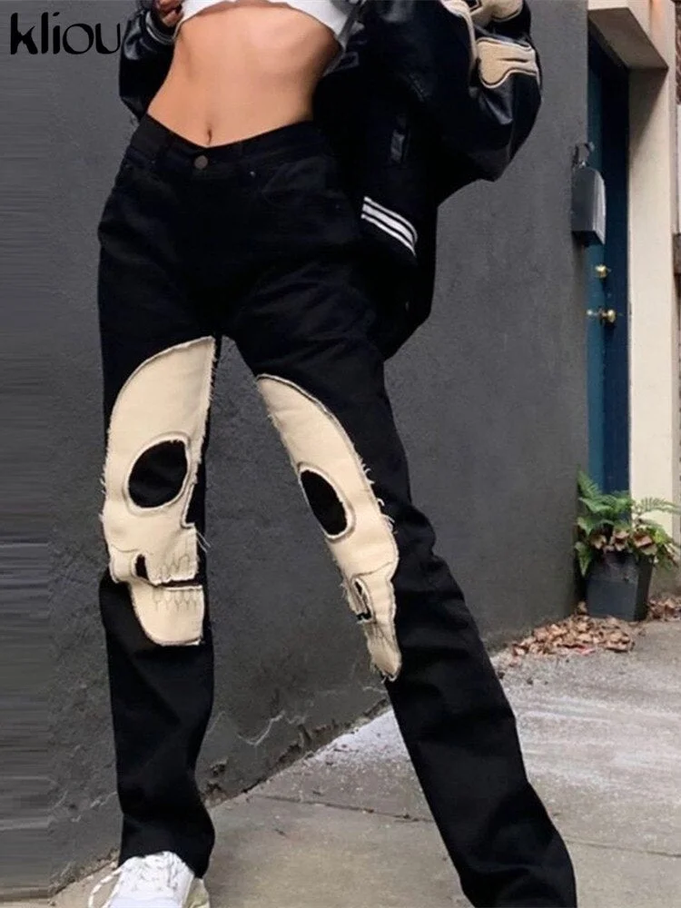 Christmas Gift  Unique Skulls Pattern Jeans Women Hipster Y2K Stitching High Street Style Trousers Fashion Shirring Cool Female Streetwear