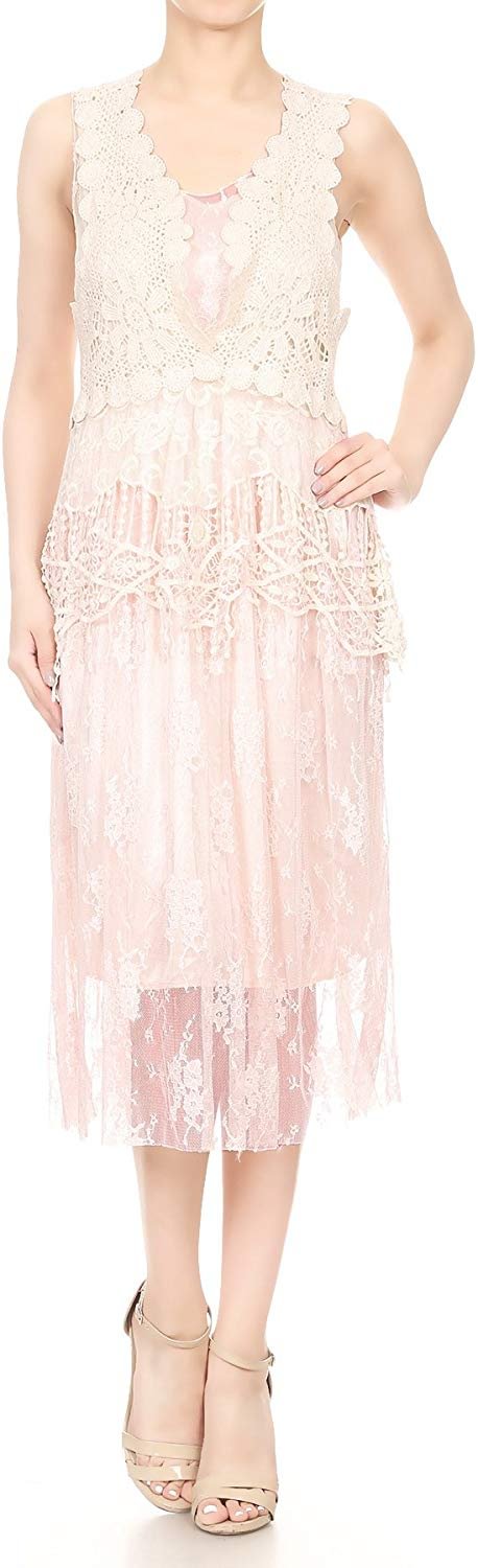 Womens Vintage Lace Gatsby 1920s Cocktail Dress with Crochet Vest