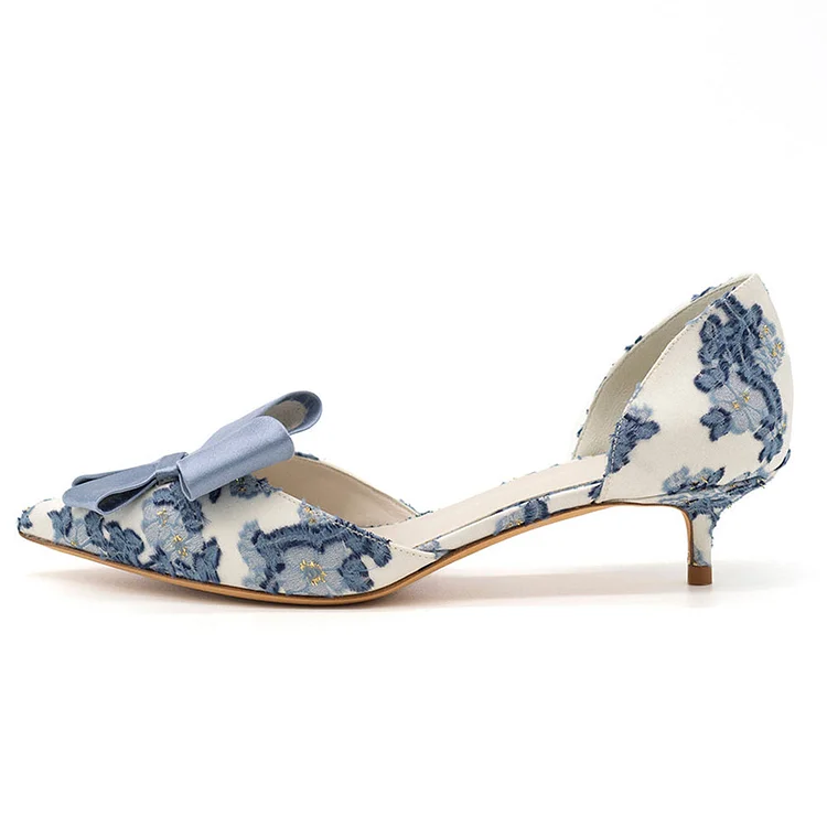 White Satin Kitten Heel Pumps Blue Floral and Bow Evening Shoes |FSJ Shoes
