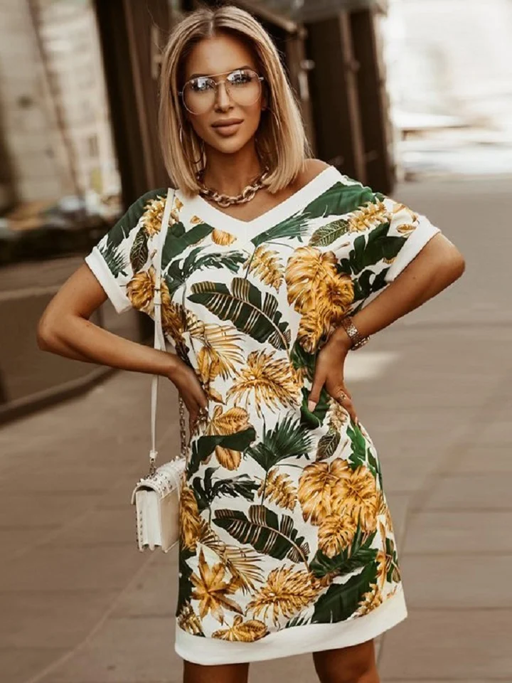 Loose Short Sleeve Double V-Neck T-Shirt Short Dress