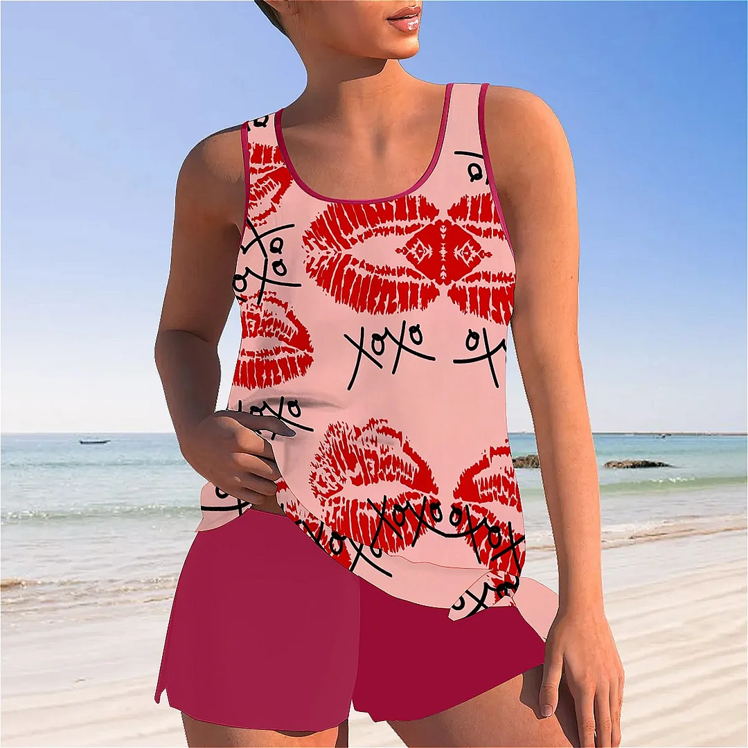 Bowknot Heart,Love,Valentine's Day Mid Waisted Tankini Set - Plus Size Available