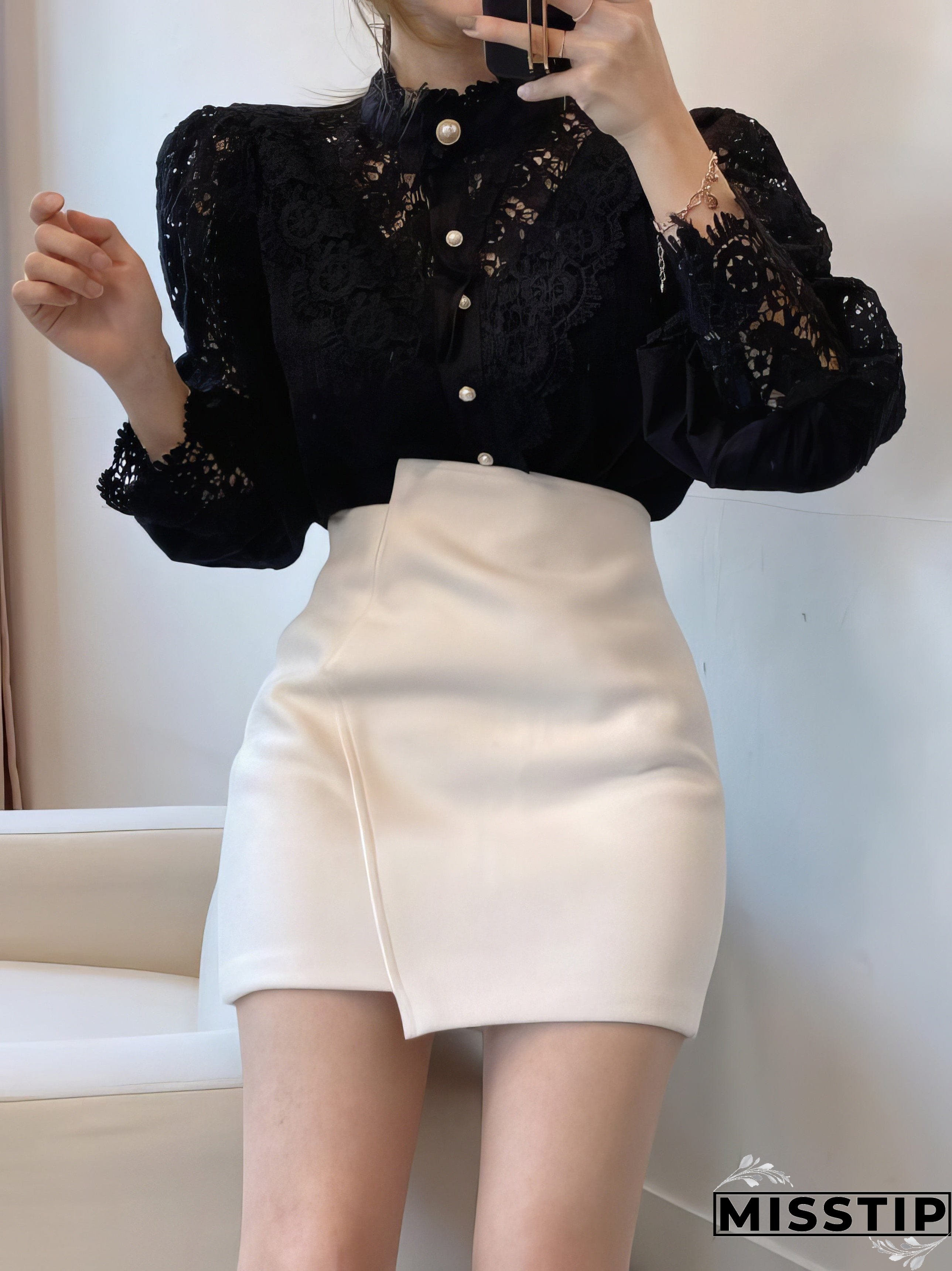 White Lace Blouse with Stand Collar and Pearl Buttons
