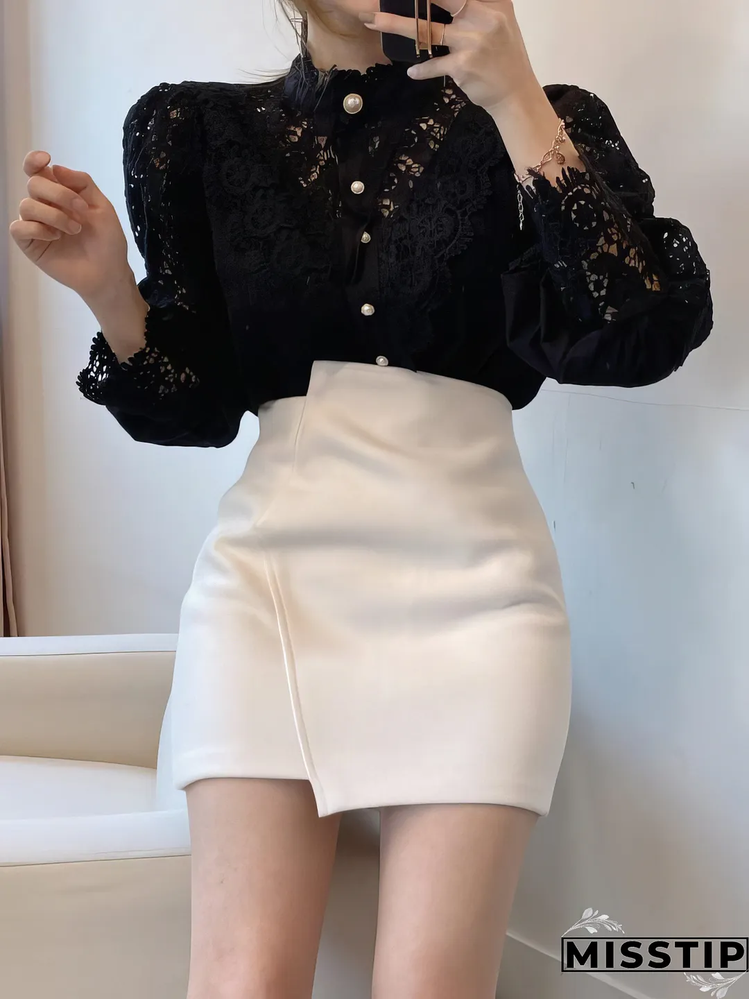 White Lace Blouse with Stand Collar and Pearl Buttons