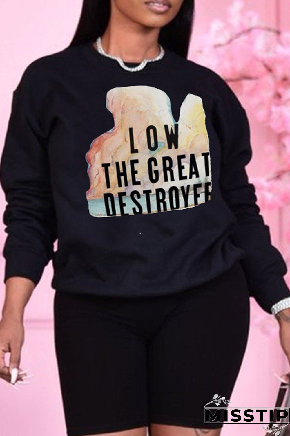 Black Casual Daily Print Patchwork O Neck Tops