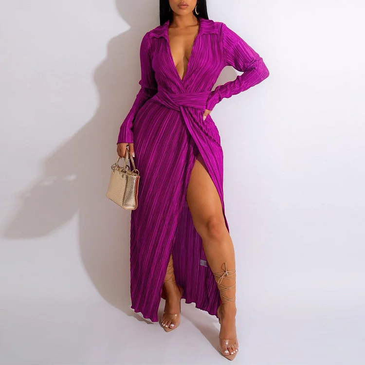 Solid Long Sleeve Deep V-Neck High Slit Pleated Maxi Dress - IRBOOM Fashion Clothing