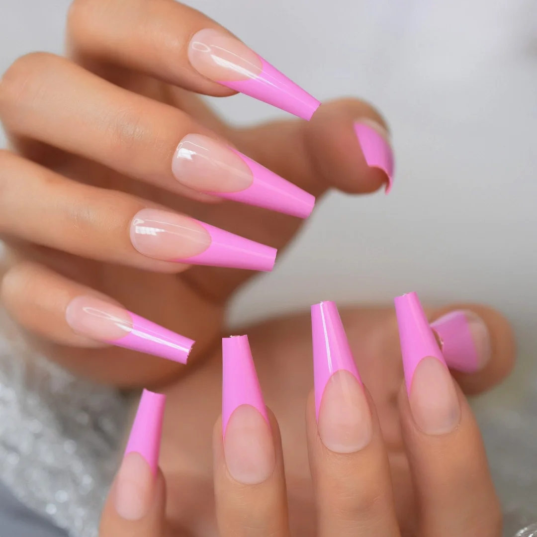 Extremely Long Coffin Press On Nails Beige Black French False Nail Tips Full Cover Glossy Ballerina Fake Finger Nails Manicure-Nail Inspo