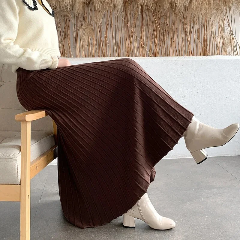 Ueong Long Midi Skirts Women Elastic Waist Thicken Elegant Autumn Winter A-Line Knitwear Striped Casual Harajuku Vintage Z033