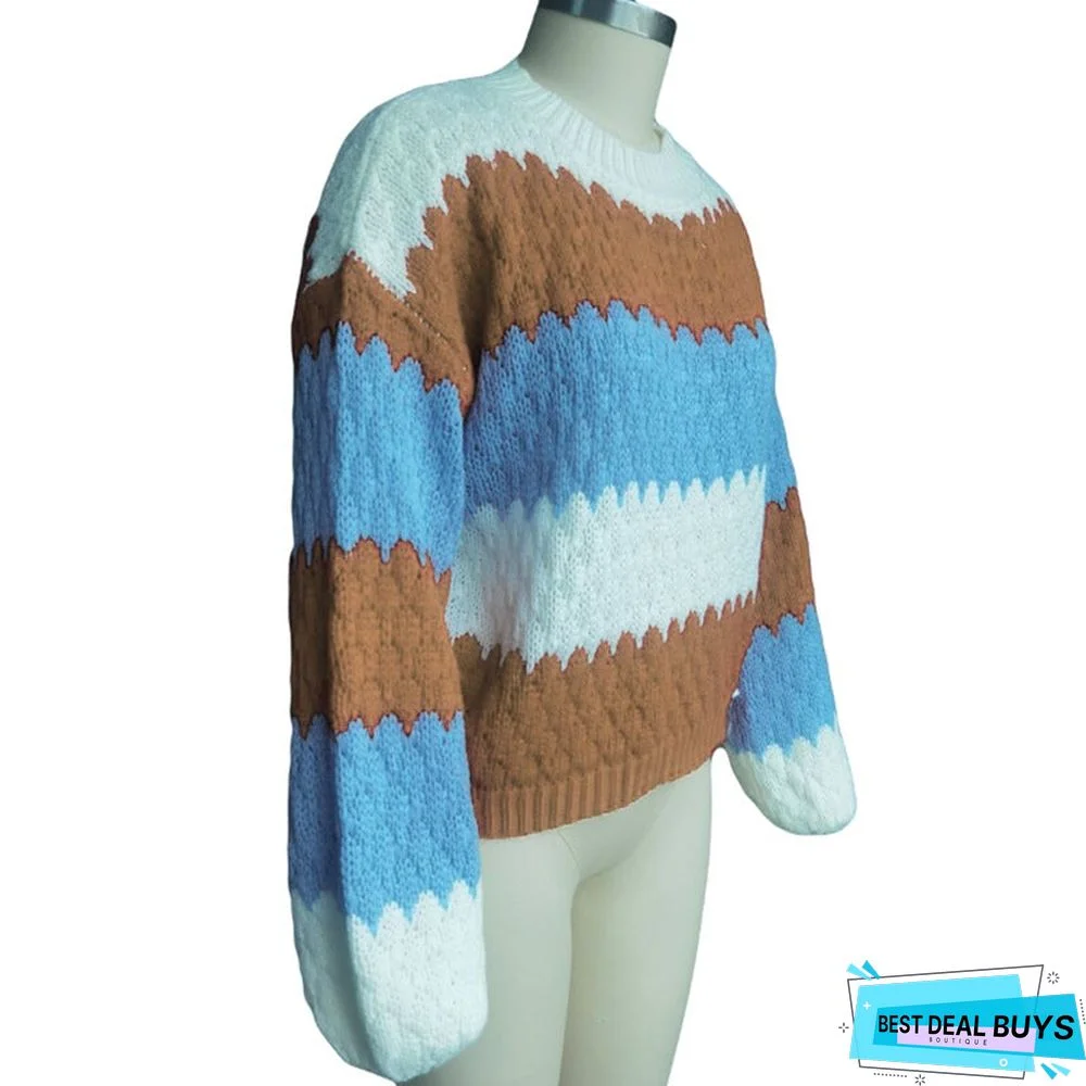 Women's Casual Loose Color Matching Pullover Bubble Sleeve Sweater