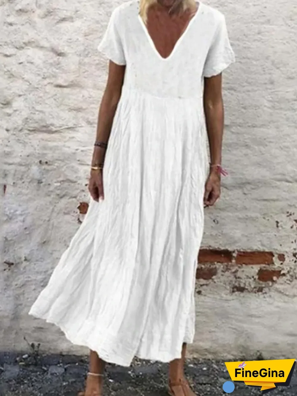 Women's Plus Size A-Line Dress Midi Dress - Short Sleeves Summer V Neck Casual  White Black Yellow Orange Green S M L XL XXL XXXL XXXXL XXXXXL White Dresses Linen