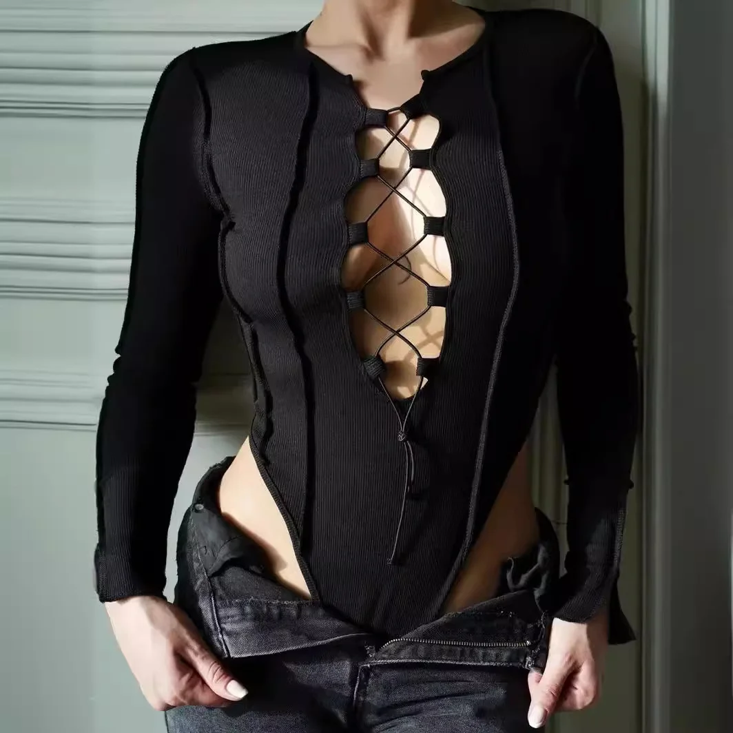 Uveng Uveng Ebay Sexy Pure Desire Wind Hollow Out Belt Anti Car Splicing Long Sleeve Slim Onesie Women's Dress