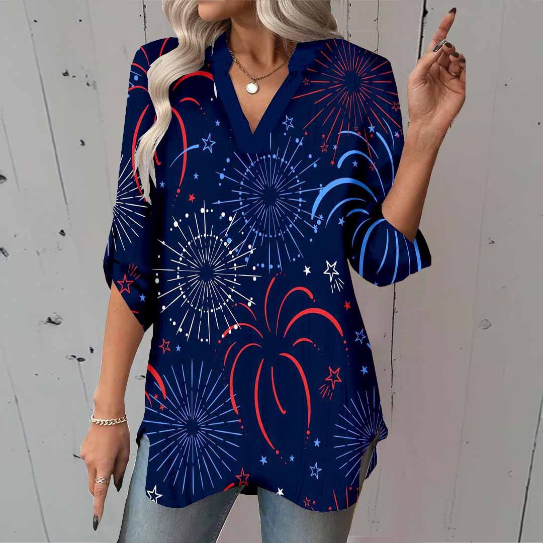 Women  Independence Day, Star, Striped, Blue, Red DZGA0237 3/4 Sleeve V-neck Printed Graphic Button Tops