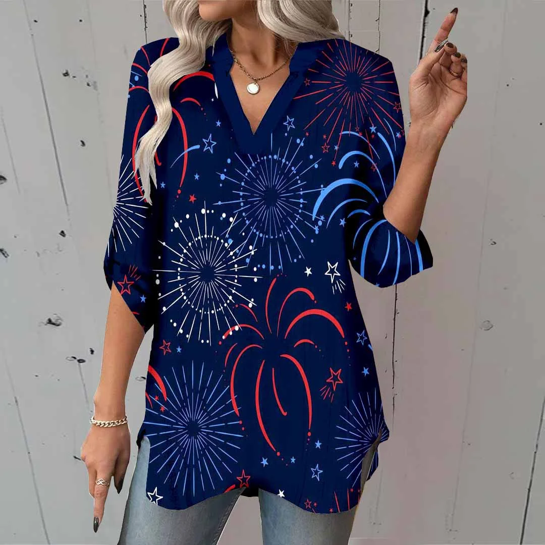 Women  Independence Day, Star, Striped, Blue, Red DZGA0237 3/4 Sleeve V-neck Printed Graphic Button Tops