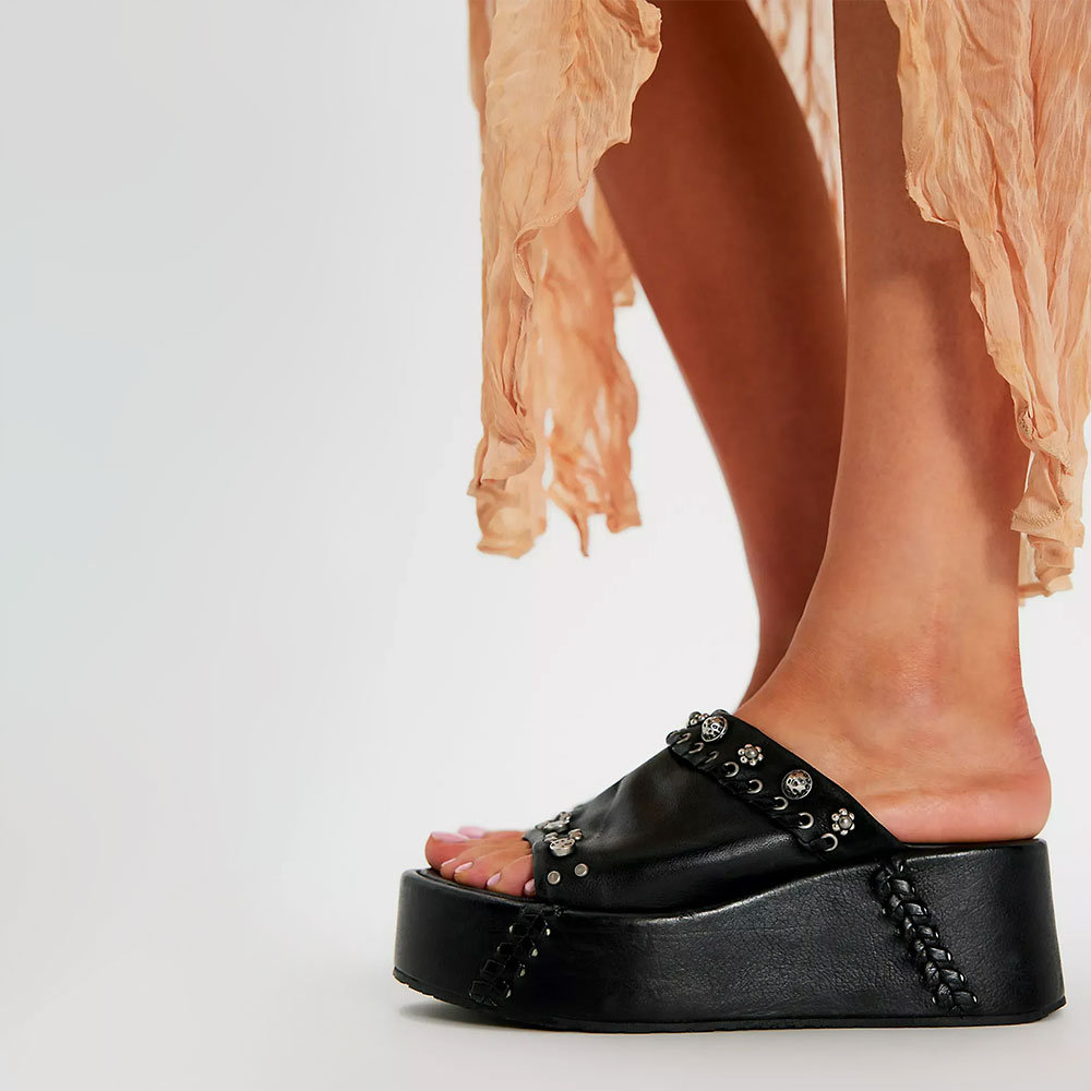 Black Open Round Toe Studded Braided Details Platform Slide Sandals Nicepairs