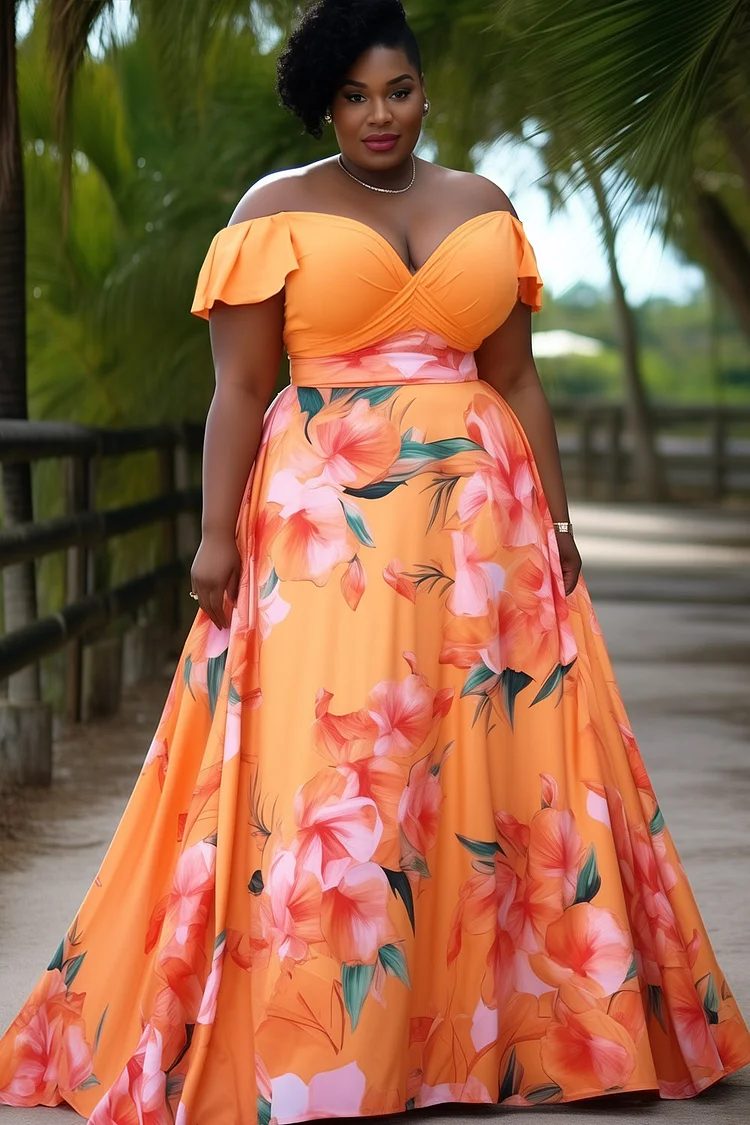 Xpluswear Design Plus Size Wedding Guest Orange Floral Off The Shoulder Contrast Satin Maxi Dresses [Pre-Order]