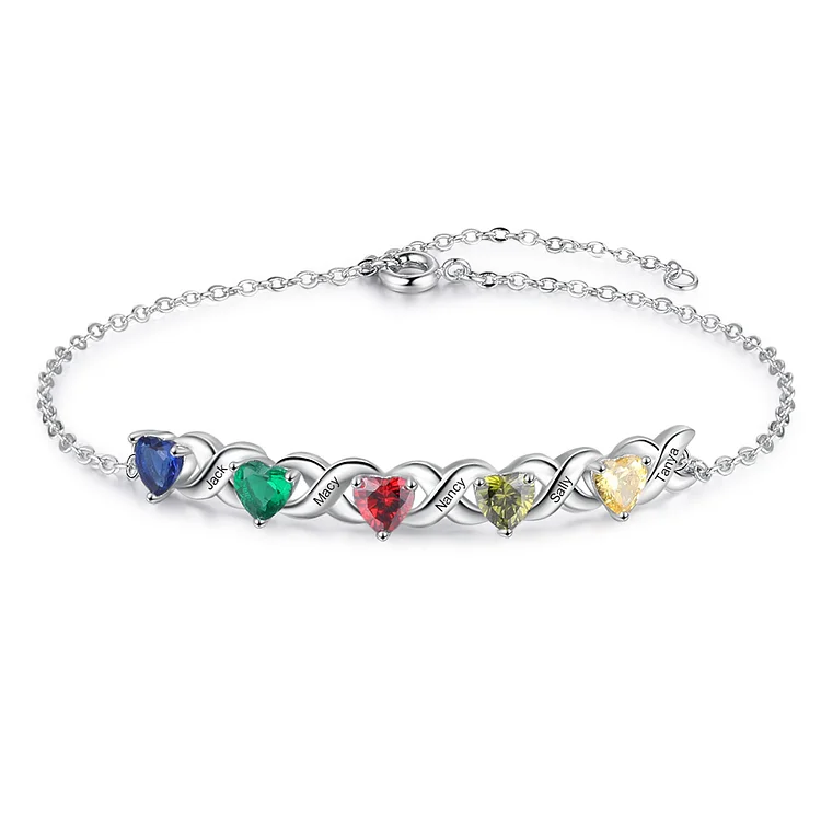 Personalized Bracelet With 5 Heart Birthstones Engraved Names Bracelet Gift For Women