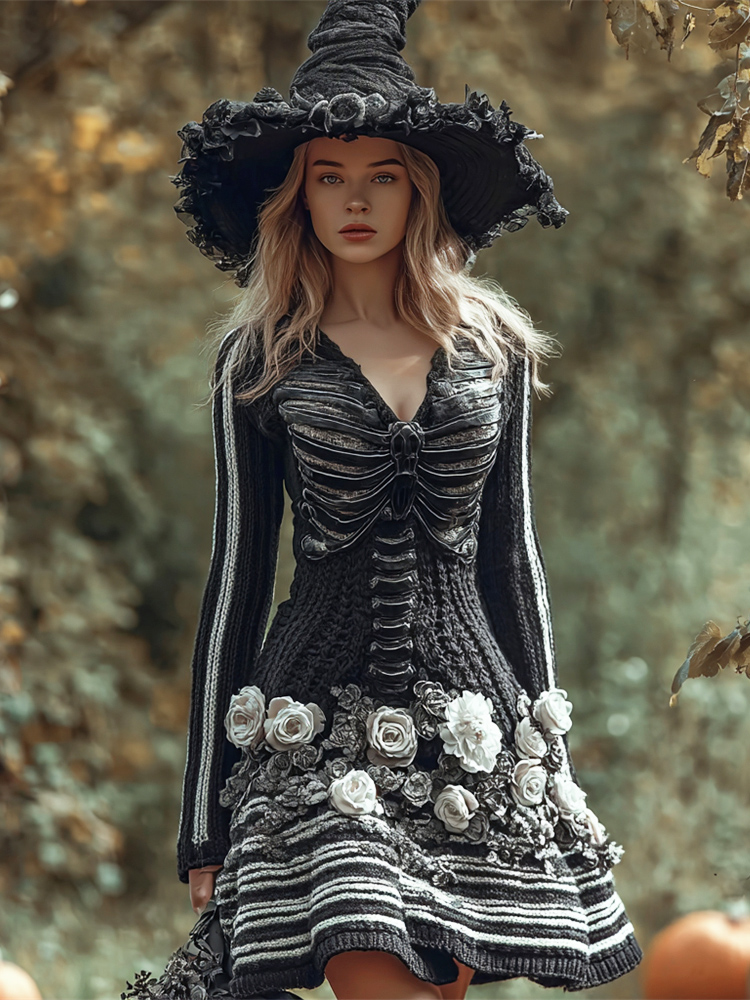 Comstylish Halloween Skeleton Floral Stripe Art Women's Knit V-neck Mini Dress