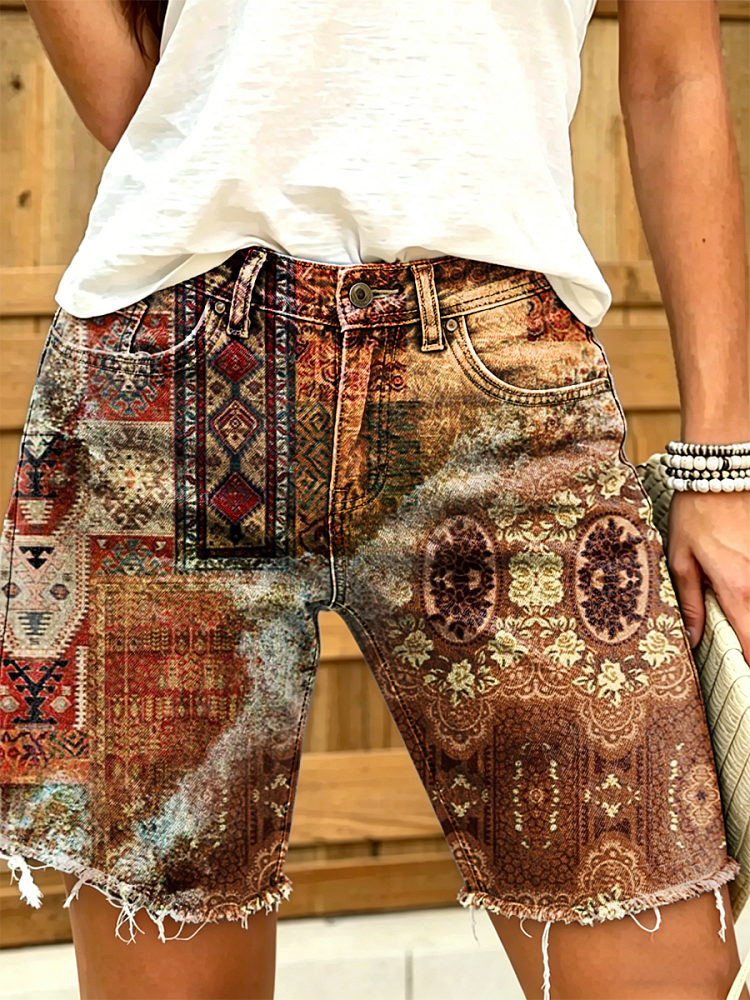 Women's Retro Ethnic Art Print Casual Washed Cotton Denim Shorts