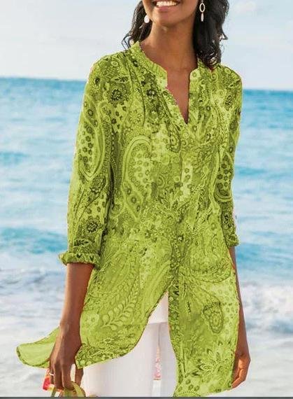 2022 Plus Size Long Bohemian Jersey Nine Quarter Print Stand Regular Shirts