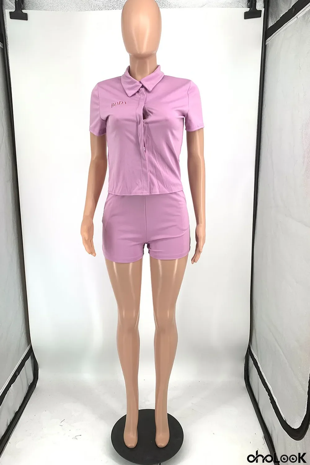 Water Blue Casual Print Letter Turndown Collar Short Sleeve Two Pieces